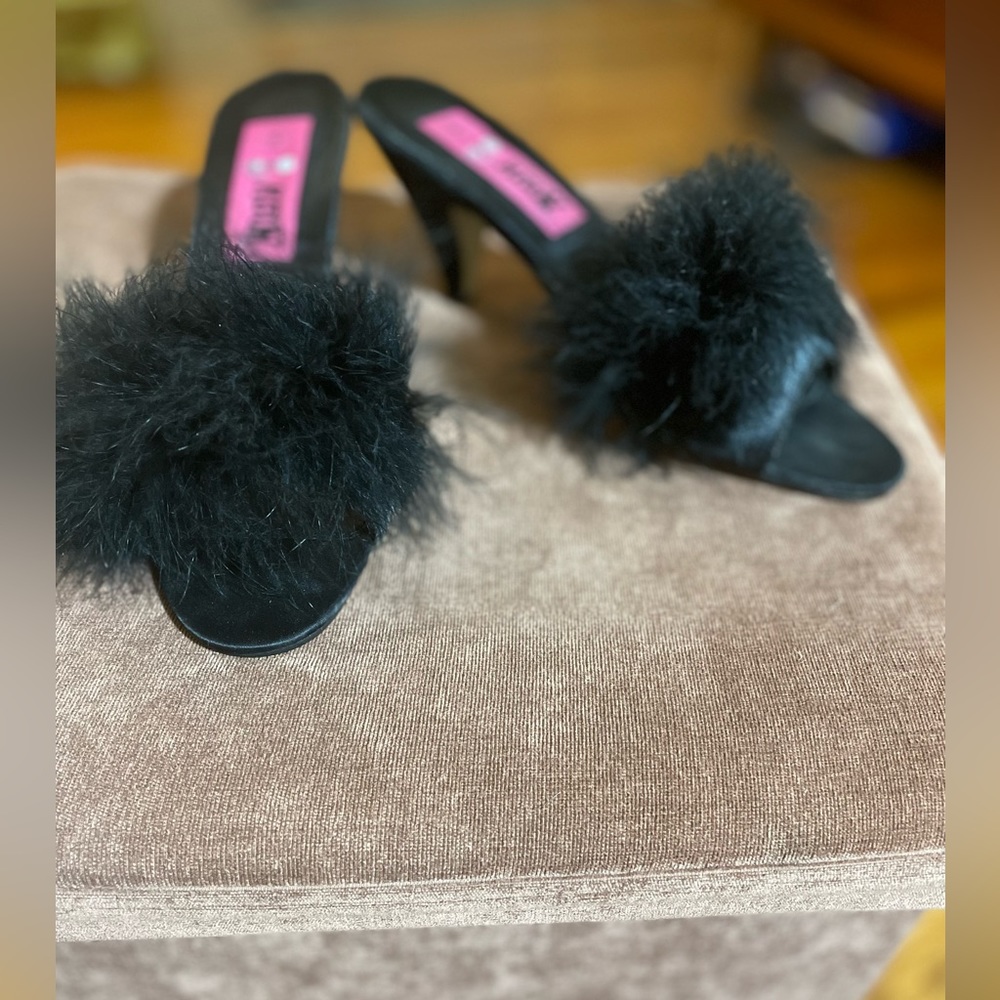 Meow Black Satin Heels with Boa Embellishment